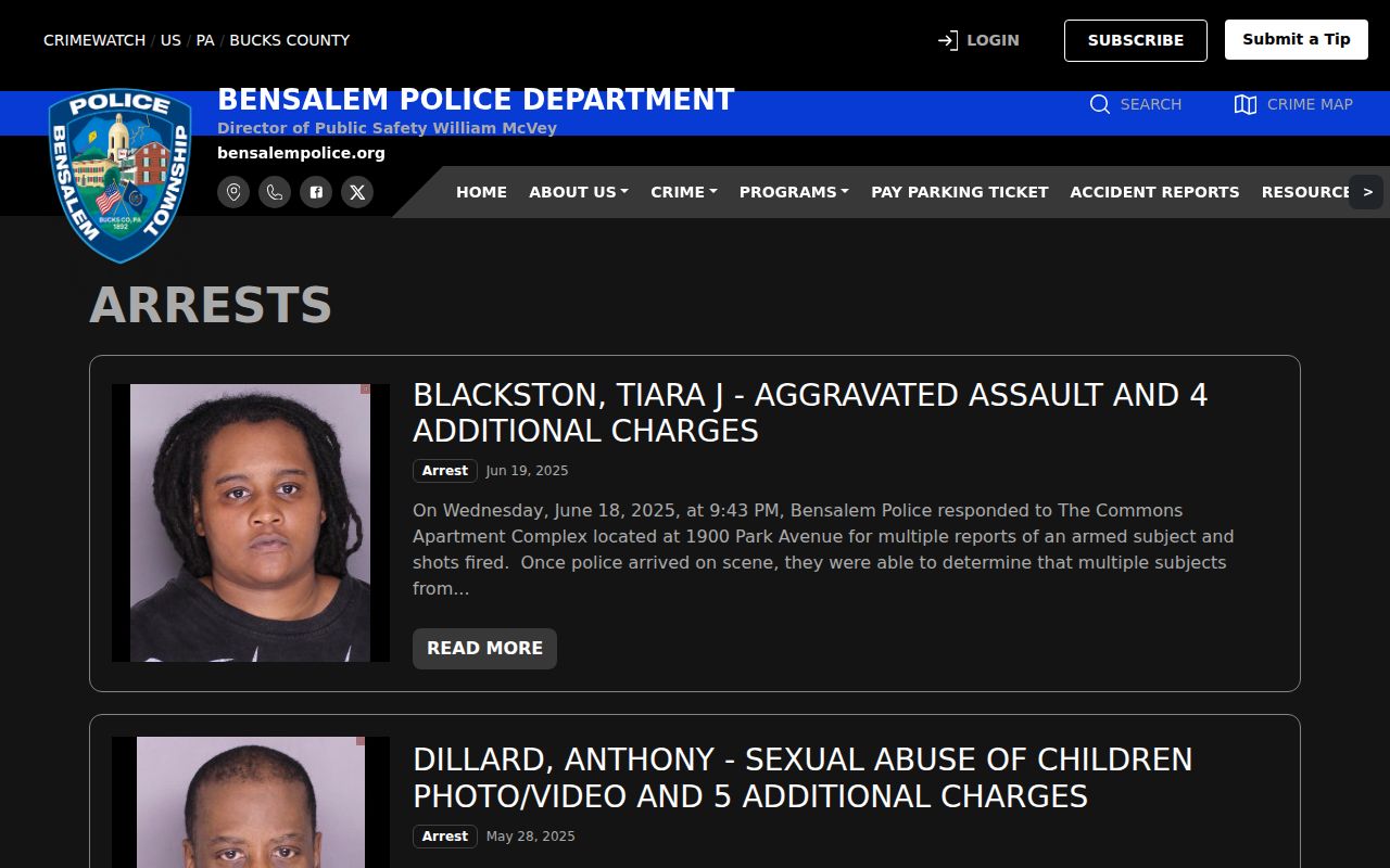 Bensalem Police arrest-post index for Bensalem arrest records
