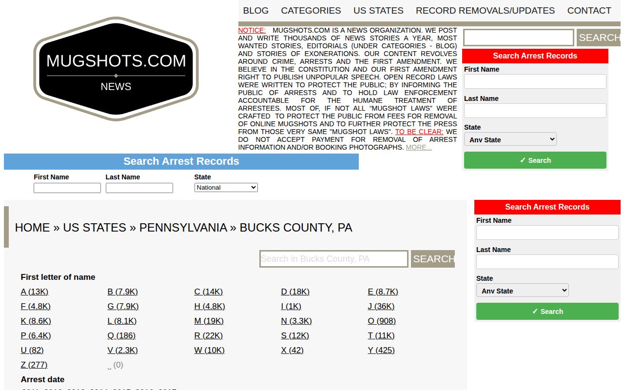 Unofficial Bucks County historical mugshot archive interface