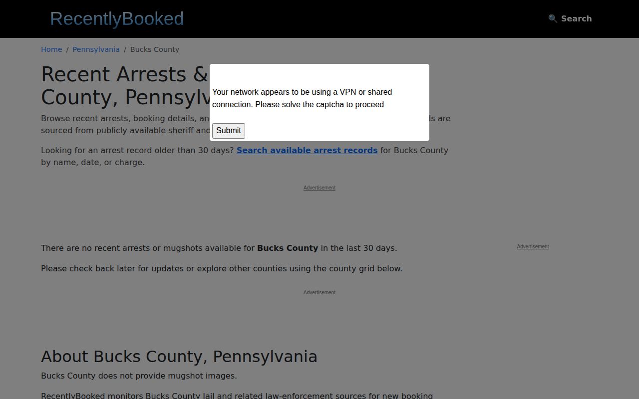 Unofficial Bucks County booking archive used as a secondary records lead