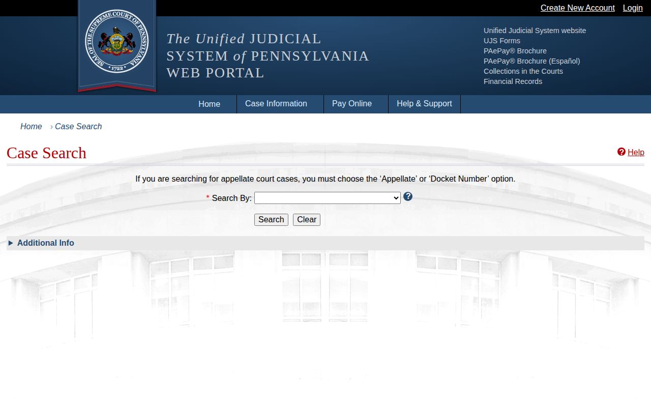 Pennsylvania UJS court case search for Bucks County arrest dispositions